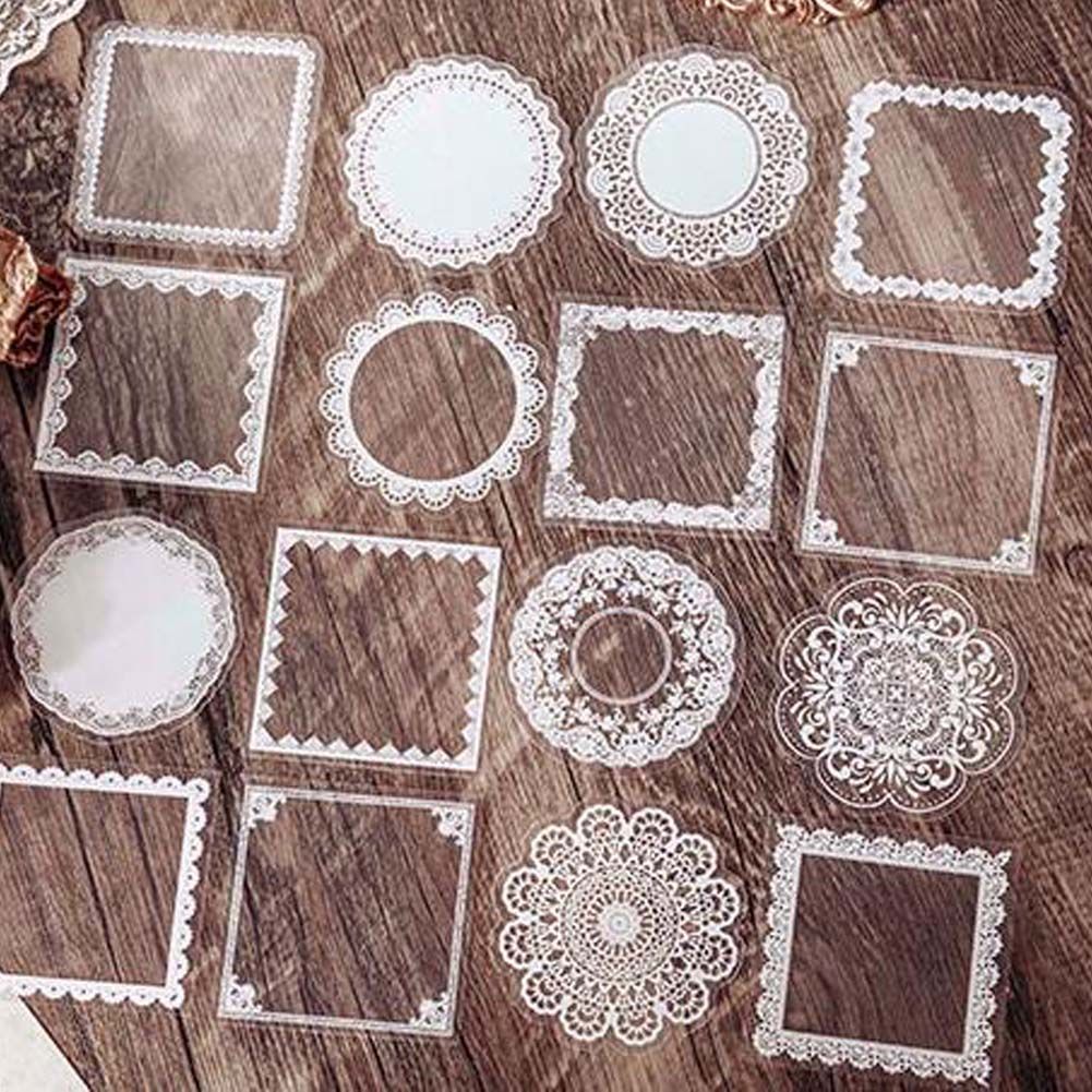 60 Pcs PET Transparent Picture Frame Sticker White Lace Square Scrapbooking Supplies Sticker DIY Journal Collage Card