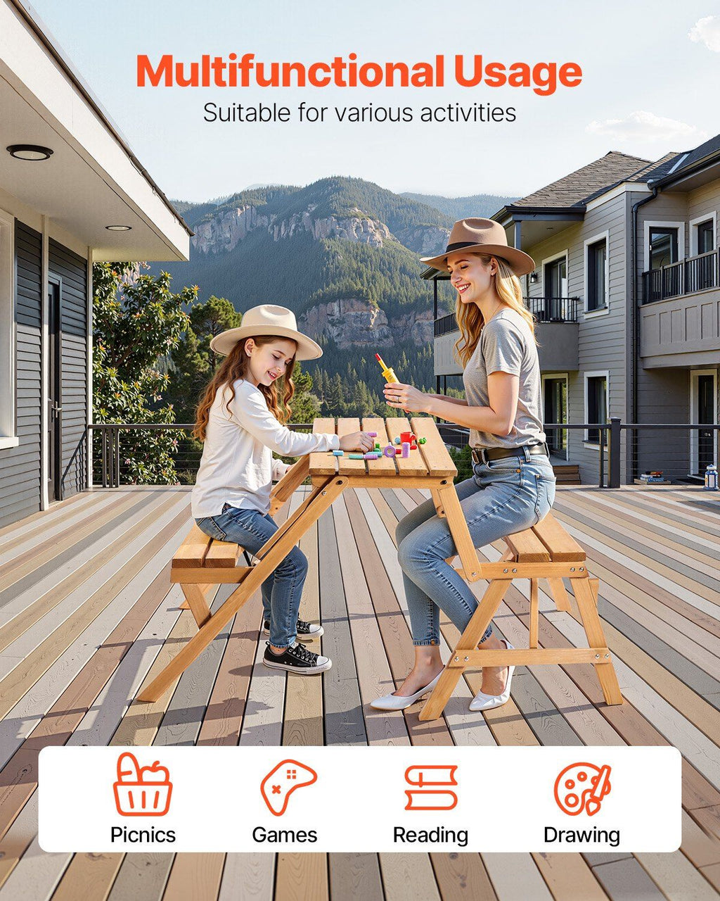 VEVOR 2-in-1 Transforming Interchangeable Picnic Table, Outdoor Wooden Table and Bench Set, Portable Foldable Bench with Umbrella Hole, Patio Dining Furniture for Garden, Backyard, Porch (Brown)