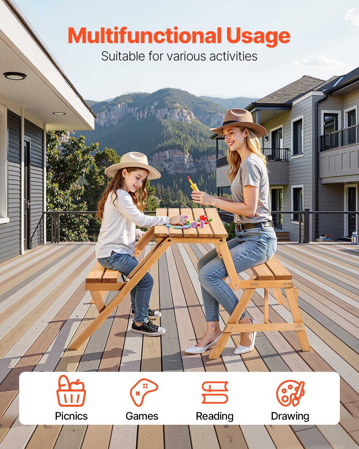 VEVOR 2-in-1 Transforming Interchangeable Picnic Table, Outdoor Wooden Table and Bench Set, Portable Foldable Bench with Umbrella Hole, Patio Dining Furniture for Garden, Backyard, Porch (Brown)