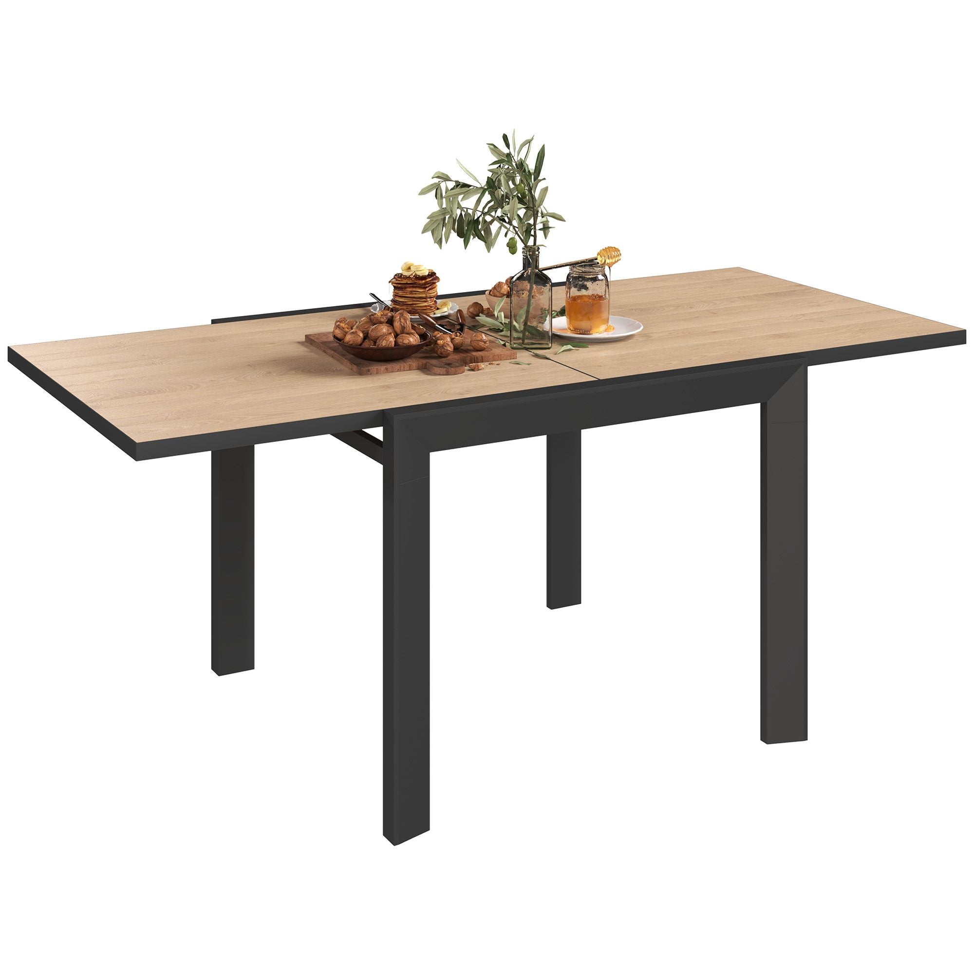 35.5"-71" Expandable Outdoor Dining Table for 4-6 Person, Aluminum Patio Table with Slatted Wood Grain Top, Natural