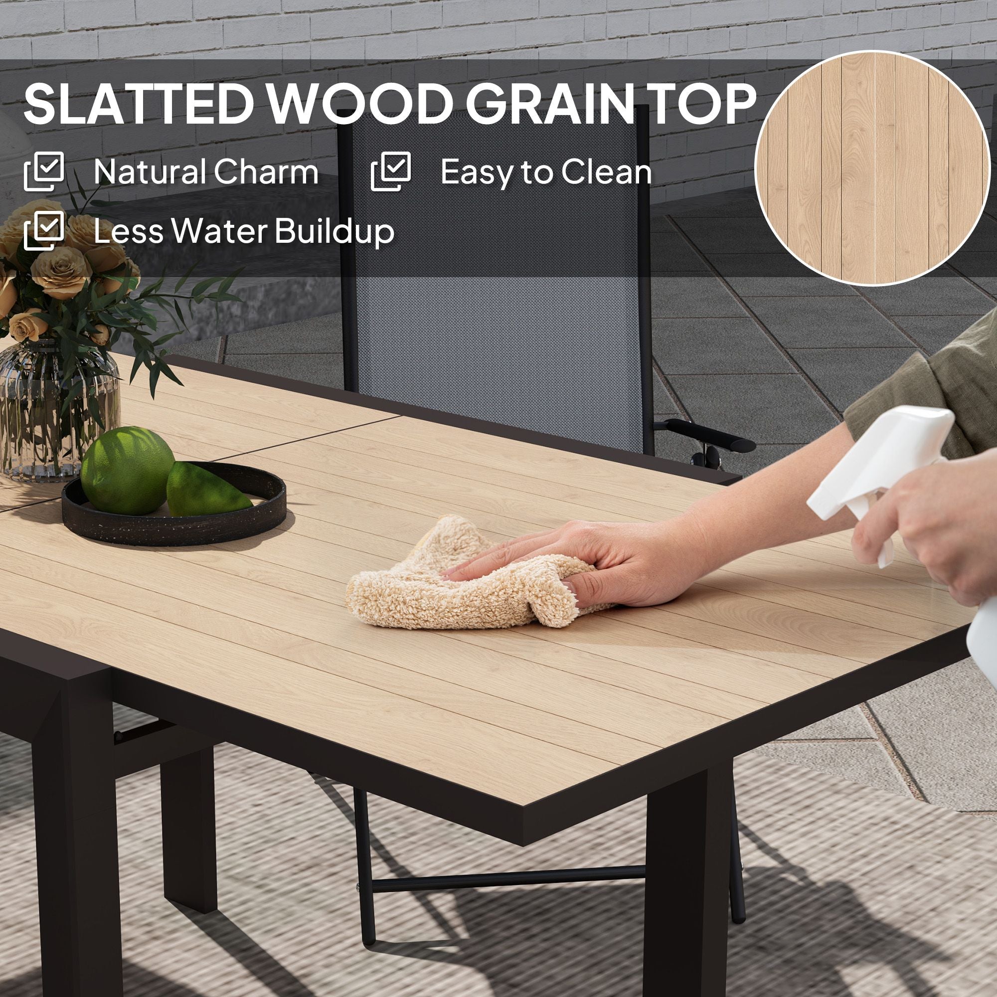 35.5"-71" Expandable Outdoor Dining Table for 4-6 Person, Aluminum Patio Table with Slatted Wood Grain Top, Natural