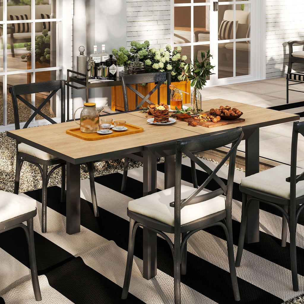 35.5"-71" Expandable Outdoor Dining Table for 4-6 Person, Aluminum Patio Table with Slatted Wood Grain Top, Natural