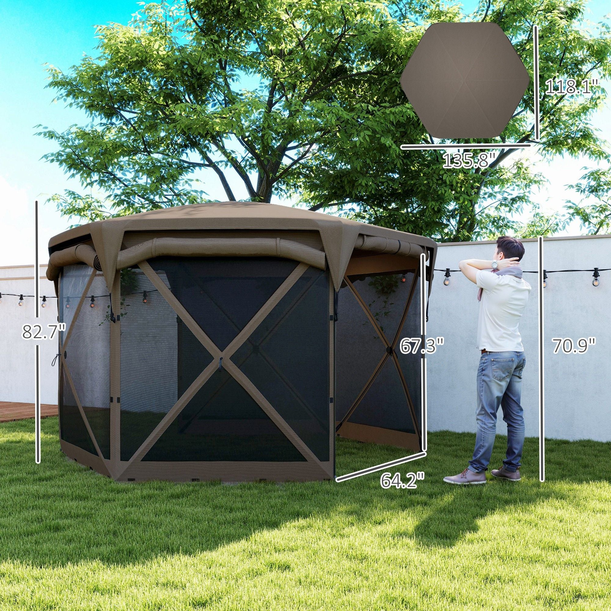 11 x 11ft Pop Up Gazebo Screen Tent with Removable Roof Cover, Roll-up Wind Panels for Camping, Backyard, Brown