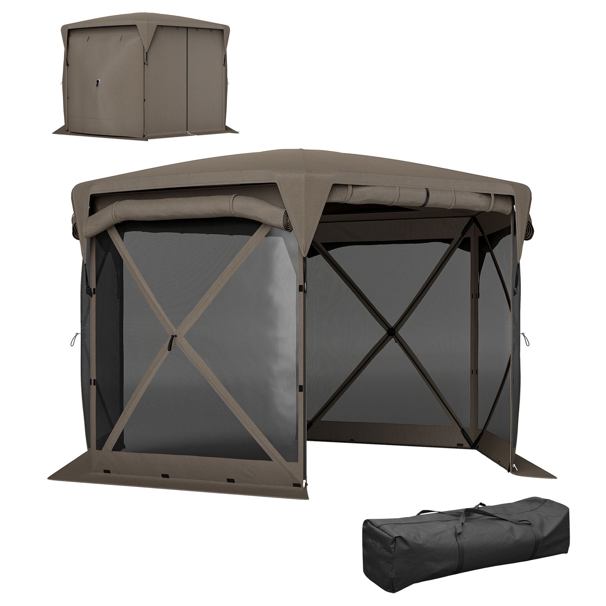 11 x 11ft Pop Up Gazebo Screen Tent with Removable Roof Cover, Roll-up Wind Panels for Camping, Backyard, Brown