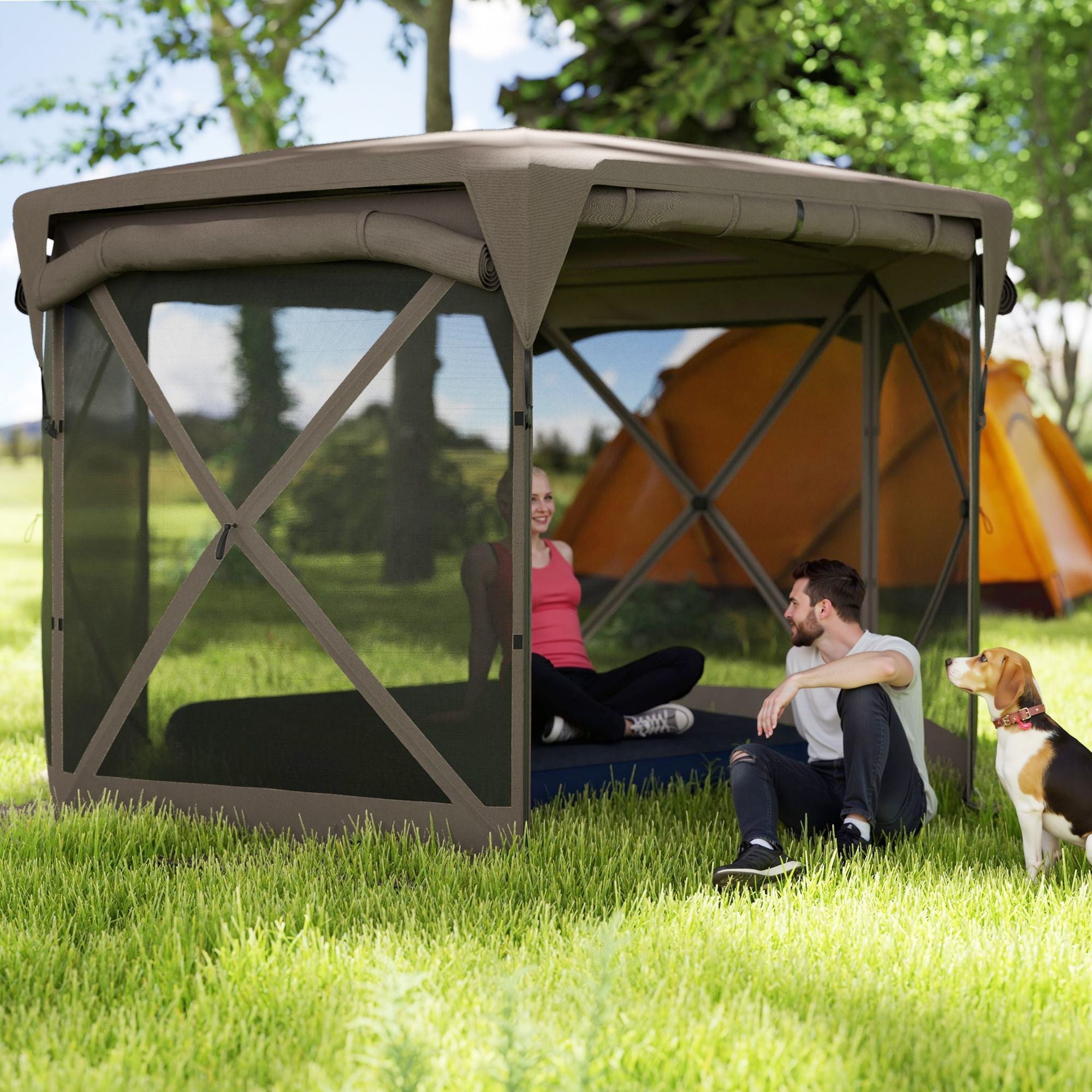 11 x 11ft Pop Up Gazebo Screen Tent with Removable Roof Cover, Roll-up Wind Panels for Camping, Backyard, Brown