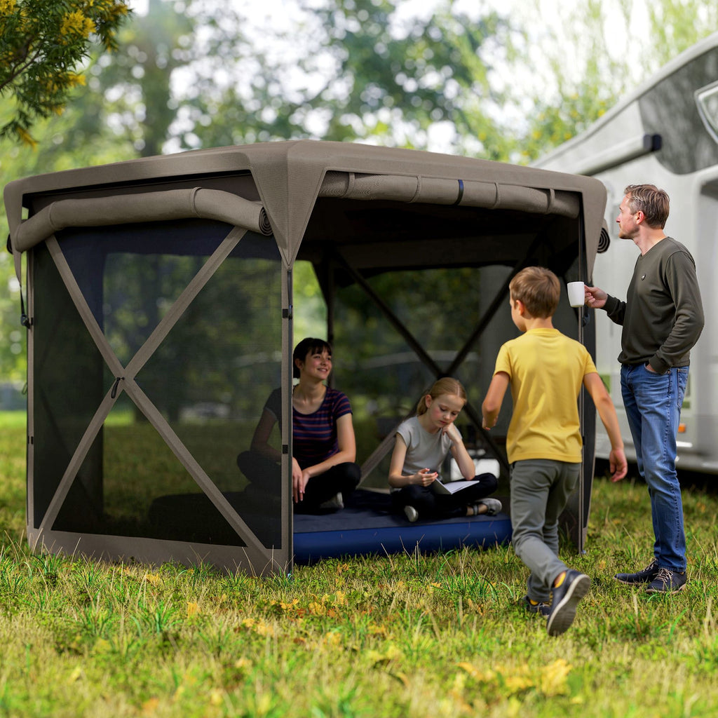 11 x 11ft Pop Up Gazebo Screen Tent with Removable Roof Cover, Roll-up Wind Panels for Camping, Backyard, Brown
