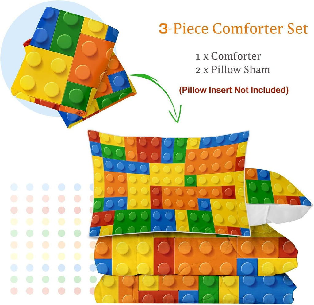 3 Piece Funny Toy Comforter Set with Pillow Shams Colorful Building Blocks Bedding Set with 3D Printed Designs Reversible Comforter Bedding Sets