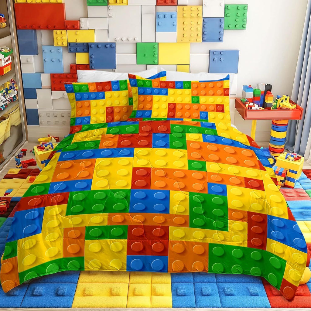 3 Piece Funny Toy Comforter Set with Pillow Shams Colorful Building Blocks Bedding Set with 3D Printed Designs Reversible Comforter Bedding Sets
