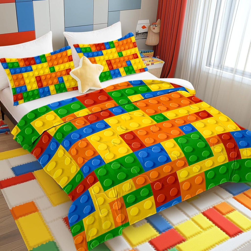 3 Piece Funny Toy Comforter Set with Pillow Shams Colorful Building Blocks Bedding Set with 3D Printed Designs Reversible Comforter Bedding Sets