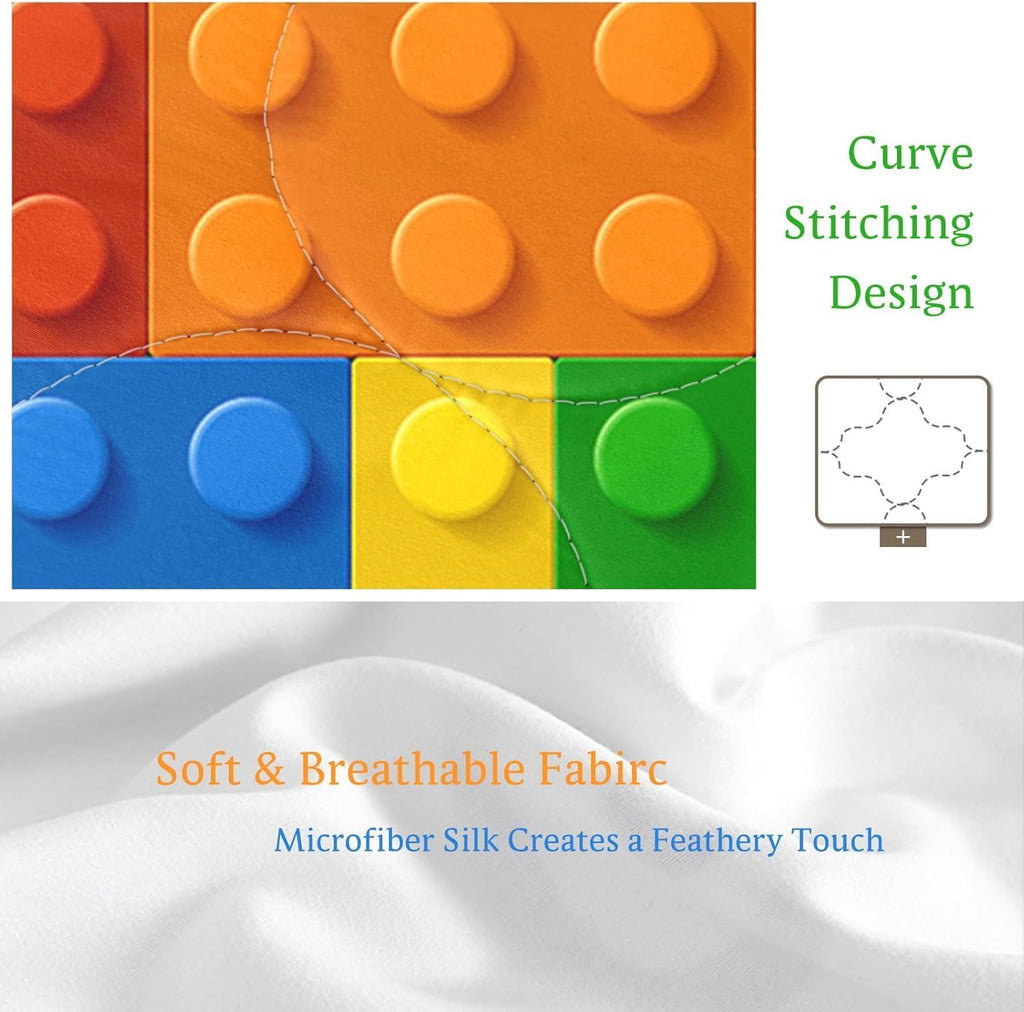 3 Piece Funny Toy Comforter Set with Pillow Shams Colorful Building Blocks Bedding Set with 3D Printed Designs Reversible Comforter Bedding Sets