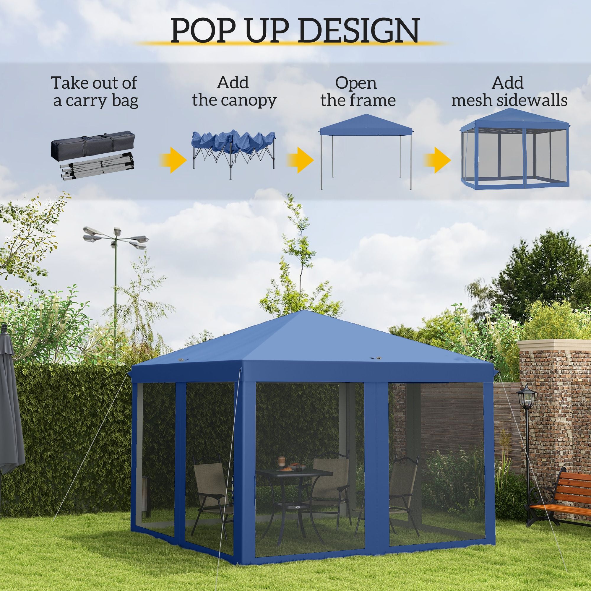 10' x 10' Pop Up Canopy Tent with Netting, Instant Gazebo, Screen House Room with Carry Bag, Height Adjustable, for Outdoor, Garden, Patio, Camping, Blue