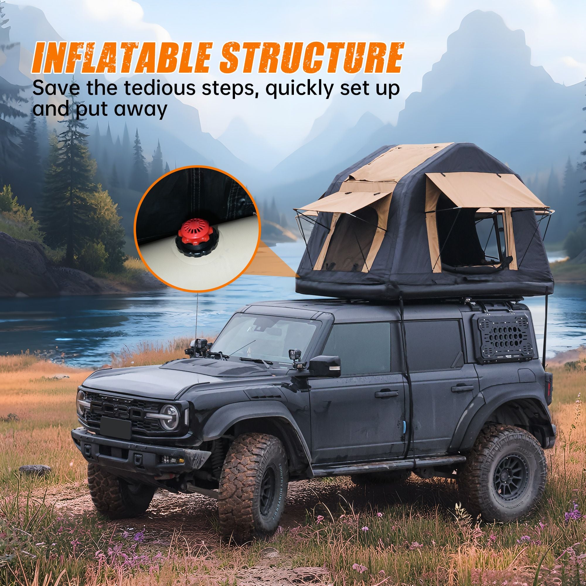 New Design 4x4 Offroad Car Roof Top Tent Amphibious Inflatable Tent With Ladder For Camping( With Ladder, Two Tone Style, Khaki & Black)