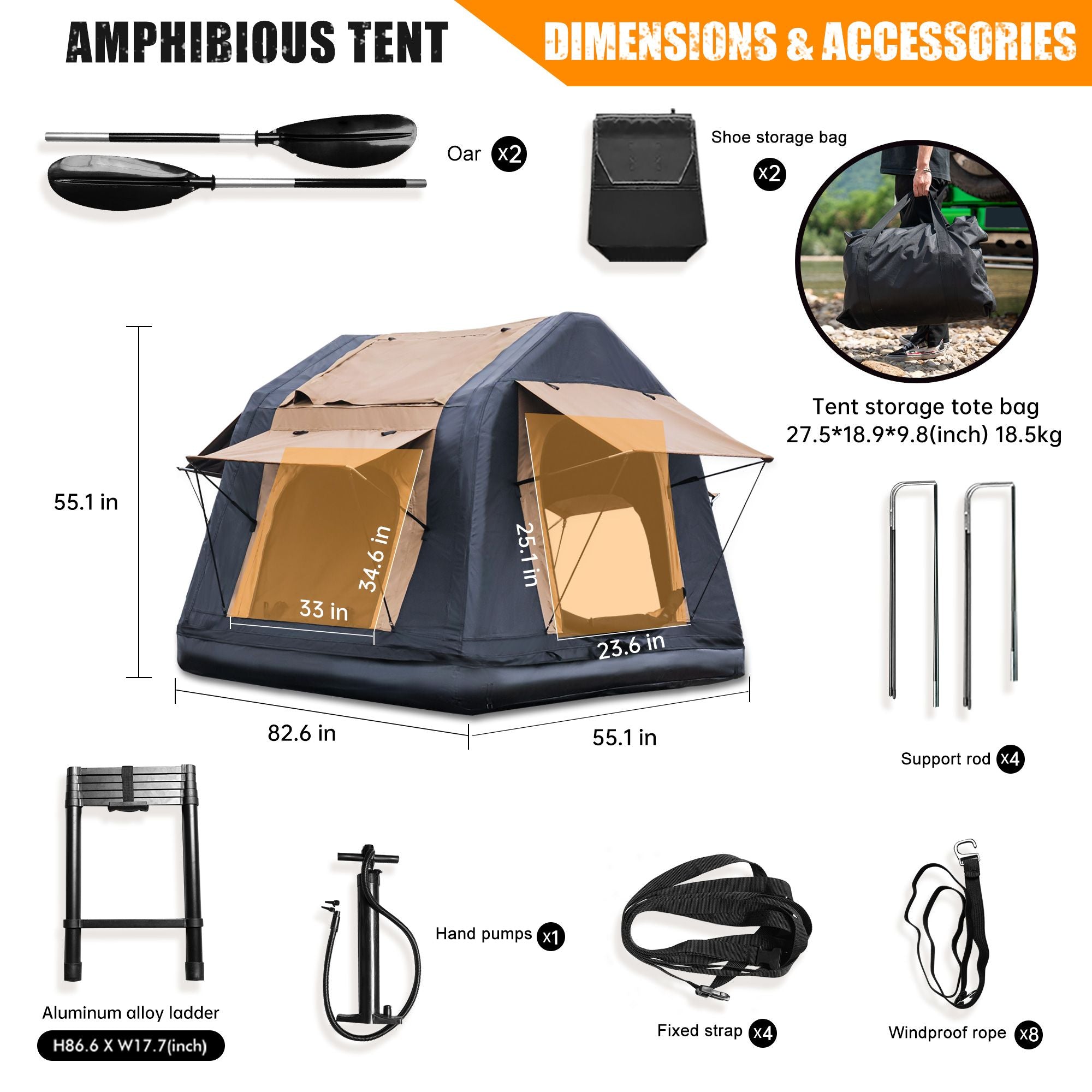 New Design 4x4 Offroad Car Roof Top Tent Amphibious Inflatable Tent With Ladder For Camping( With Ladder, Two Tone Style, Khaki & Black)