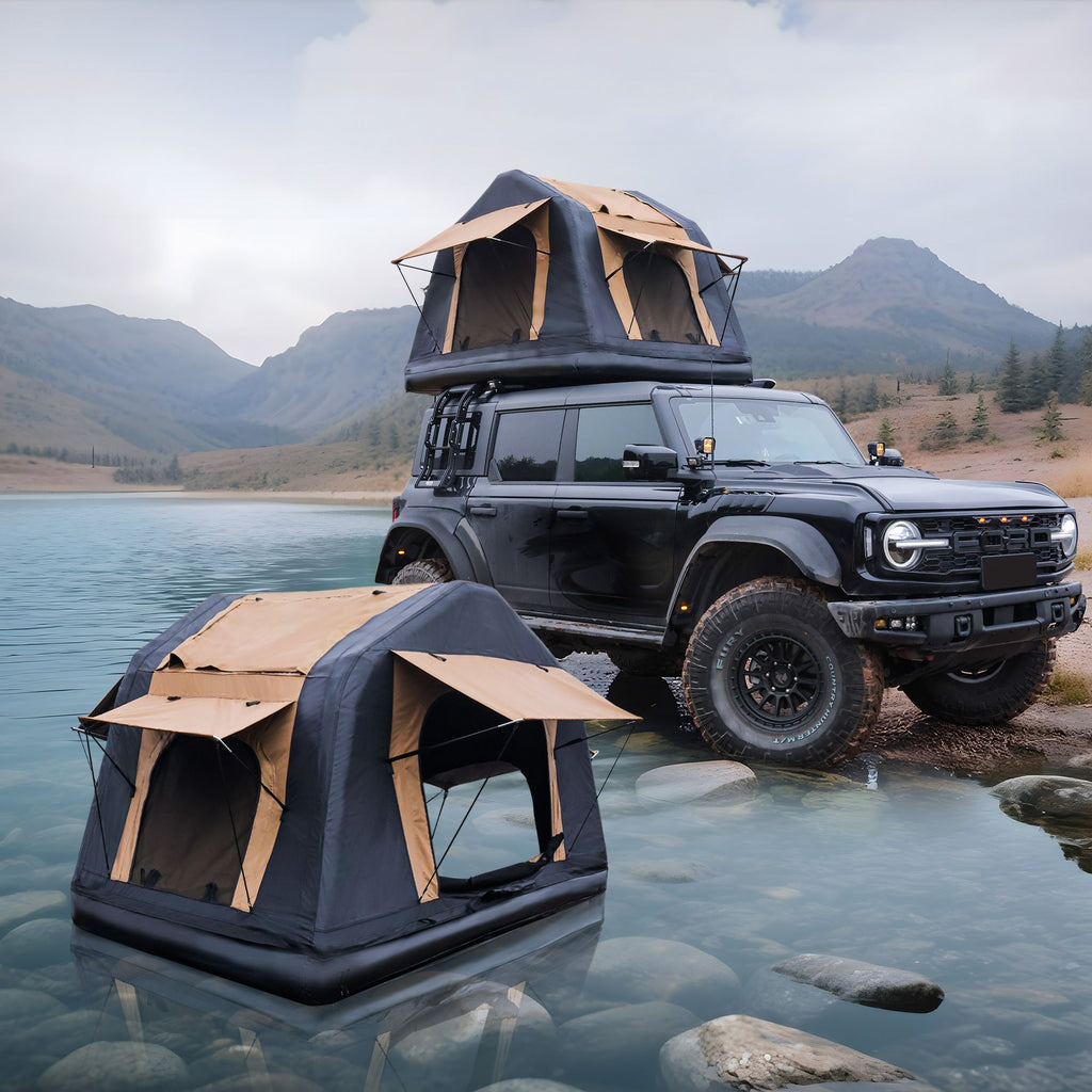 New Design 4x4 Offroad Car Roof Top Tent Amphibious Inflatable Tent With Ladder For Camping( With Ladder, Two Tone Style, Khaki & Black)