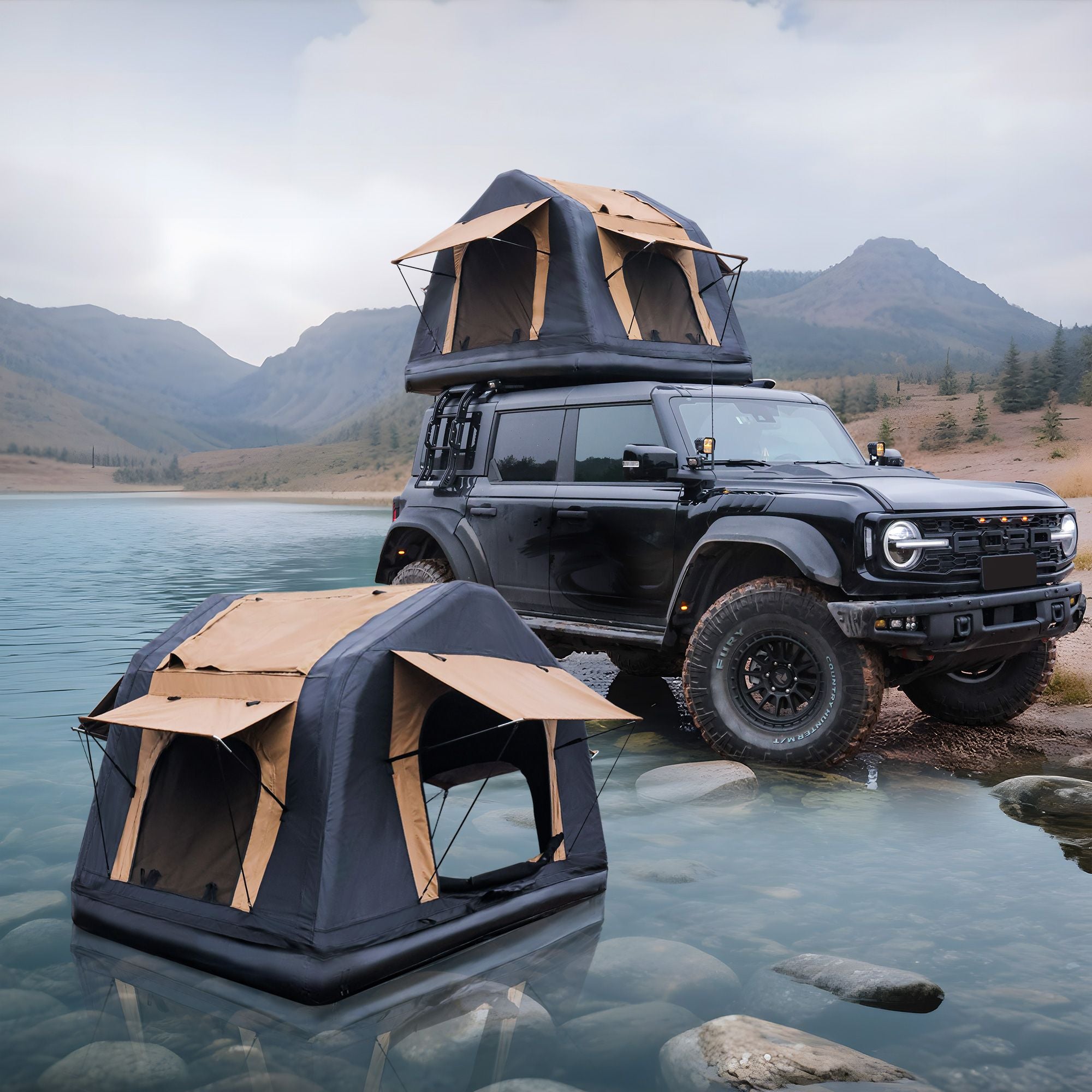 New Design 4x4 Offroad Car Roof Top Tent Amphibious Inflatable Tent With Ladder For Camping( With Ladder, Two Tone Style, Khaki & Black)