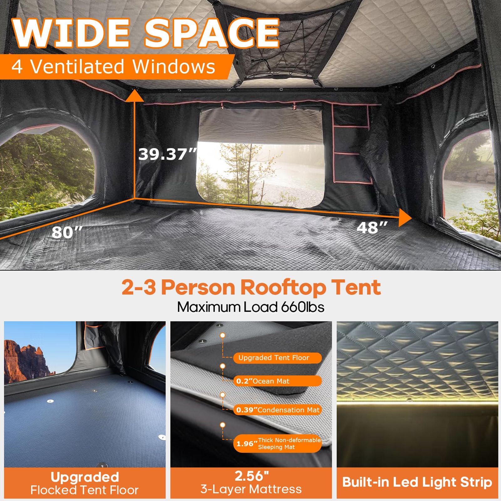 Rooftop Tent Hard Shell with USB Outlet, Winter Thermal Liner, Summer Side Awning&Luggage Racks for 4 Season Camping, Aluminum Pop Up 2-3 Person Roof Top Tent for Truck Jeep SUV Van Trailer