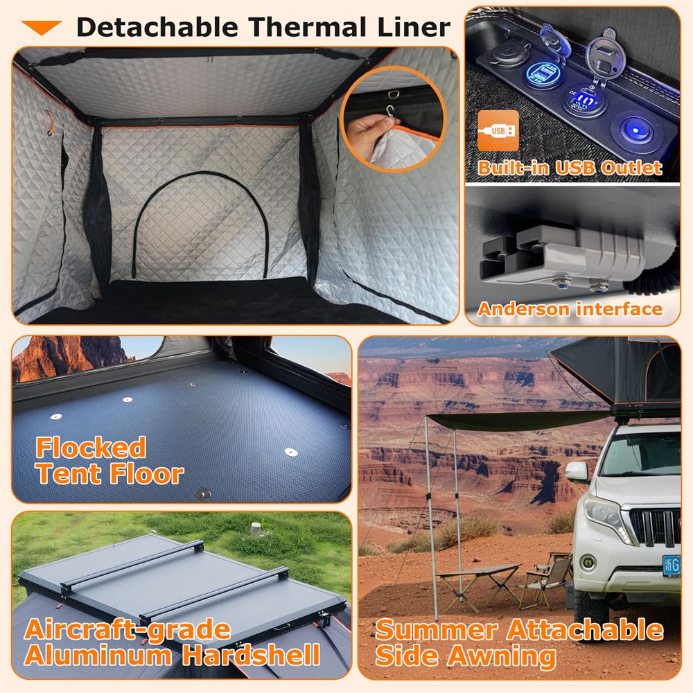 Rooftop Tent Hard Shell with USB Outlet, Winter Thermal Liner, Summer Side Awning&Luggage Racks for 4 Season Camping, Aluminum Pop Up 2-3 Person Roof Top Tent for Truck Jeep SUV Van Trailer