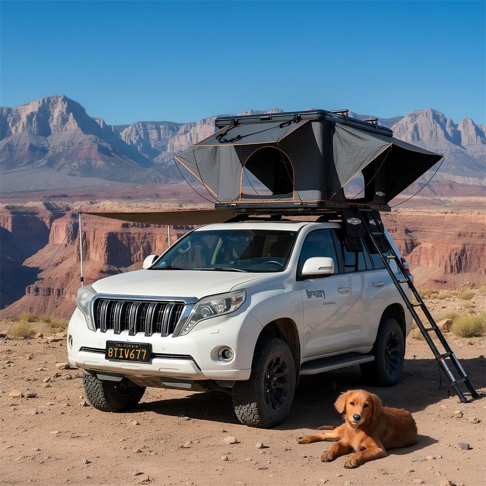 Rooftop Tent Hard Shell with USB Outlet, Winter Thermal Liner, Summer Side Awning&Luggage Racks for 4 Season Camping, Aluminum Pop Up 2-3 Person Roof Top Tent for Truck Jeep SUV Van Trailer
