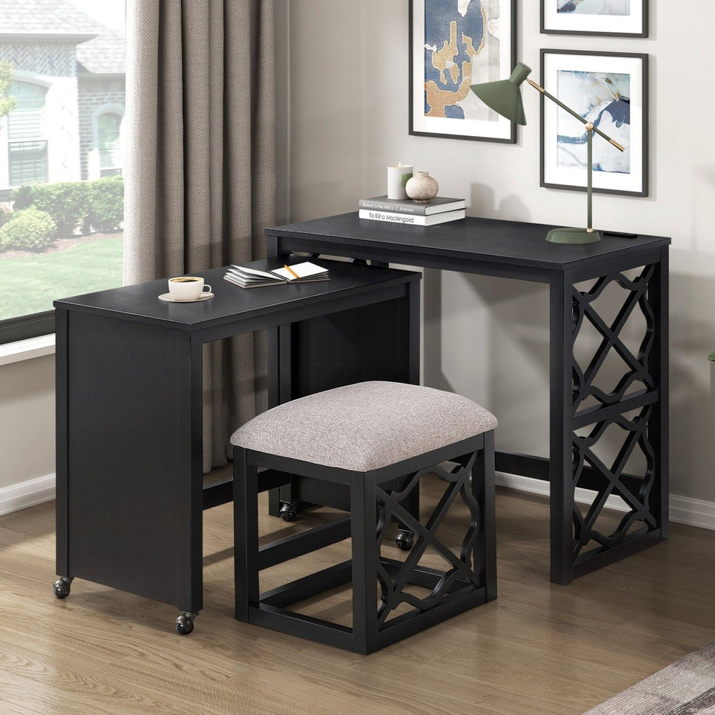 Desks and Stool Set 3pc Black Finish Rolling Desk with Casters, 2 Charging ports Home Office Furniture