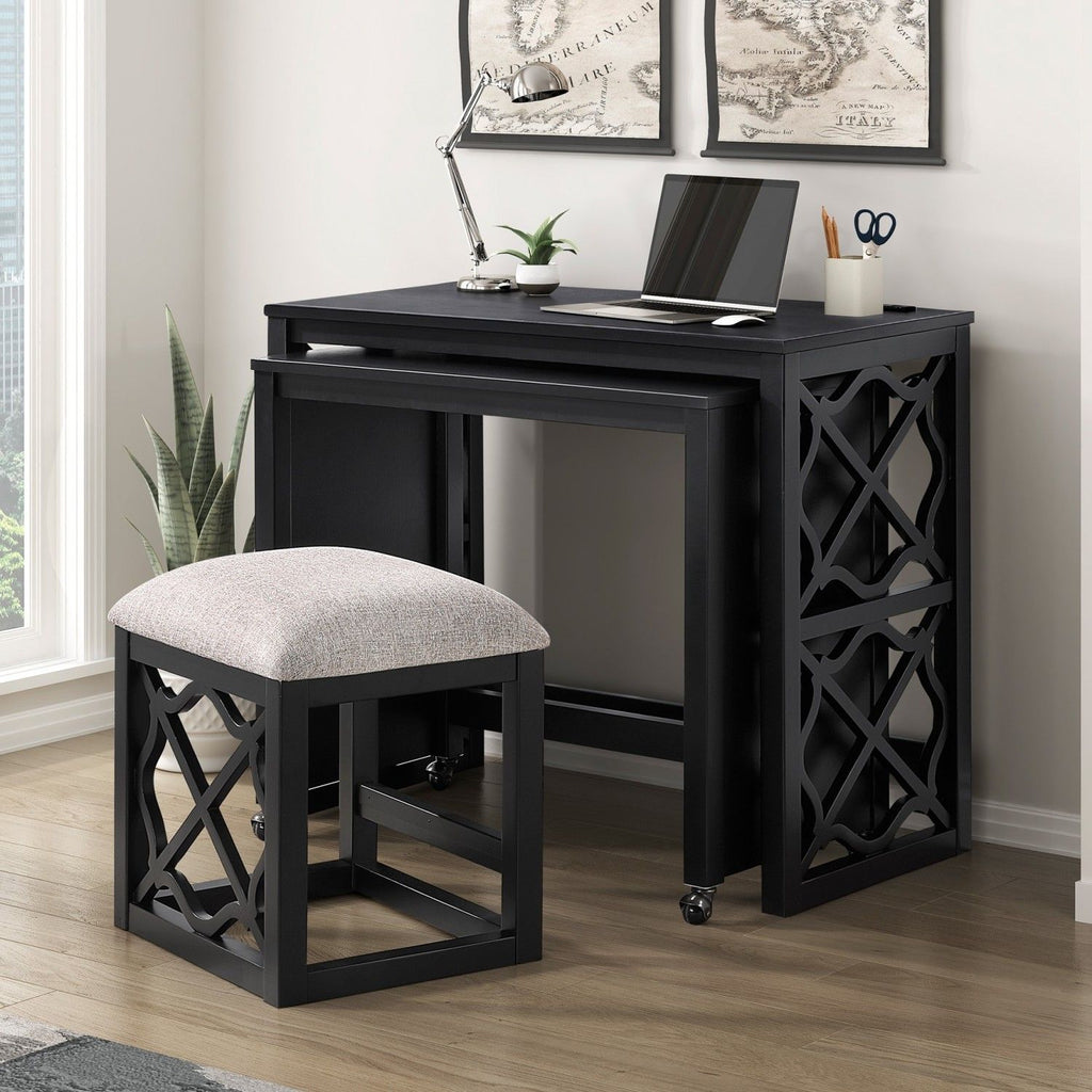 Desks and Stool Set 3pc Black Finish Rolling Desk with Casters, 2 Charging ports Home Office Furniture