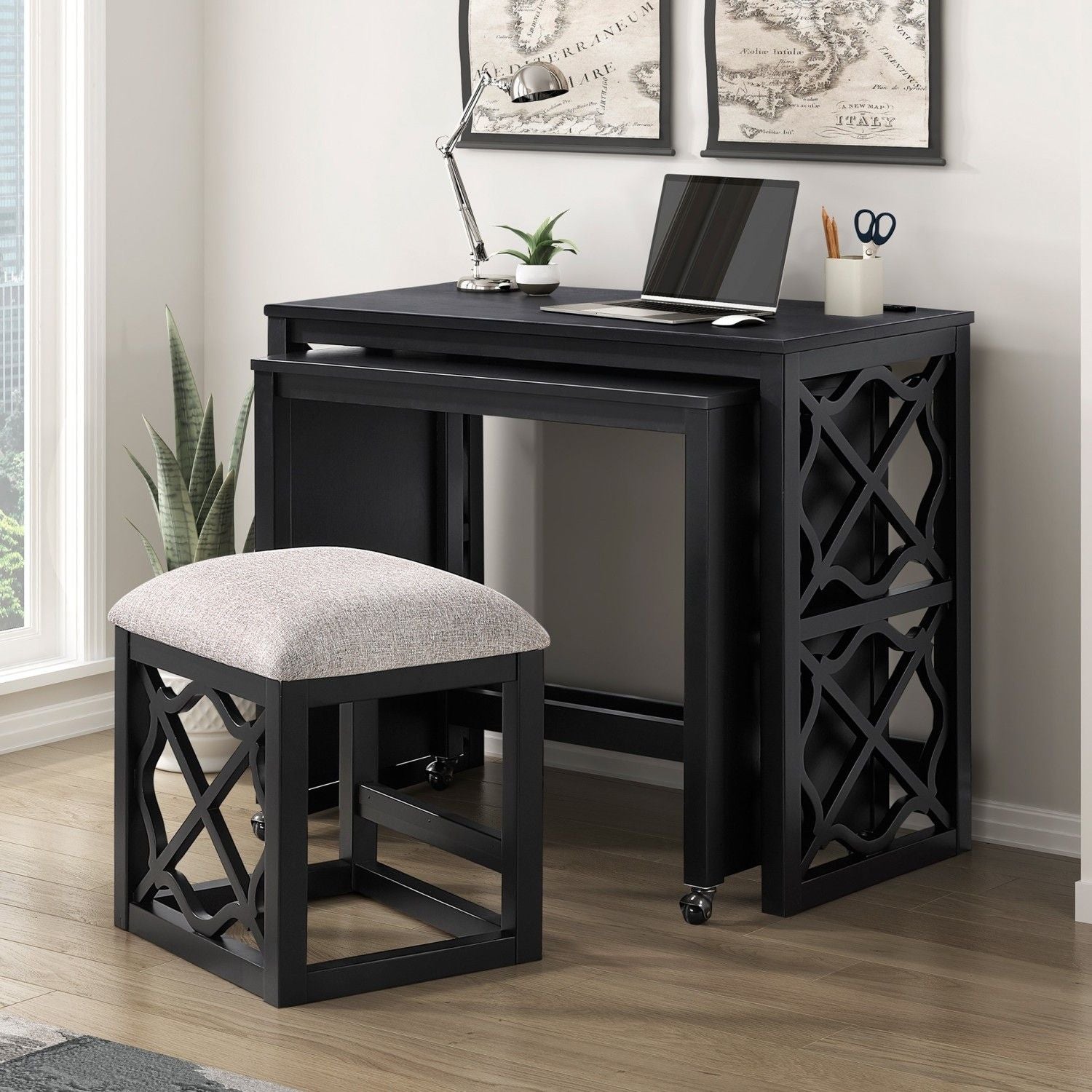 Desks and Stool Set 3pc Black Finish Rolling Desk with Casters, 2 Charging ports Home Office Furniture