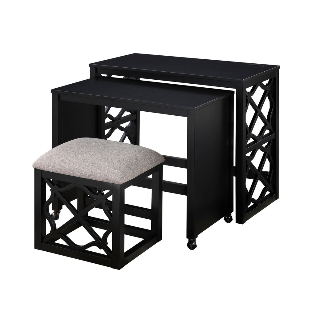Desks and Stool Set 3pc Black Finish Rolling Desk with Casters, 2 Charging ports Home Office Furniture