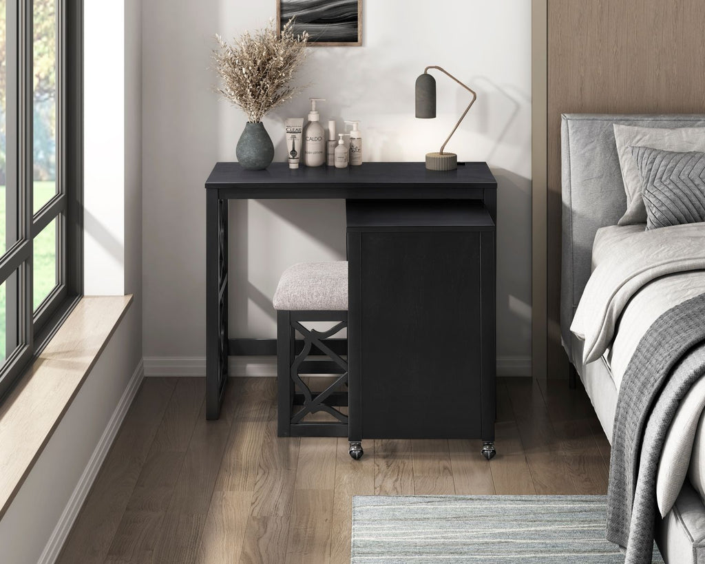 Desks and Stool Set 3pc Black Finish Rolling Desk with Casters, 2 Charging ports Home Office Furniture