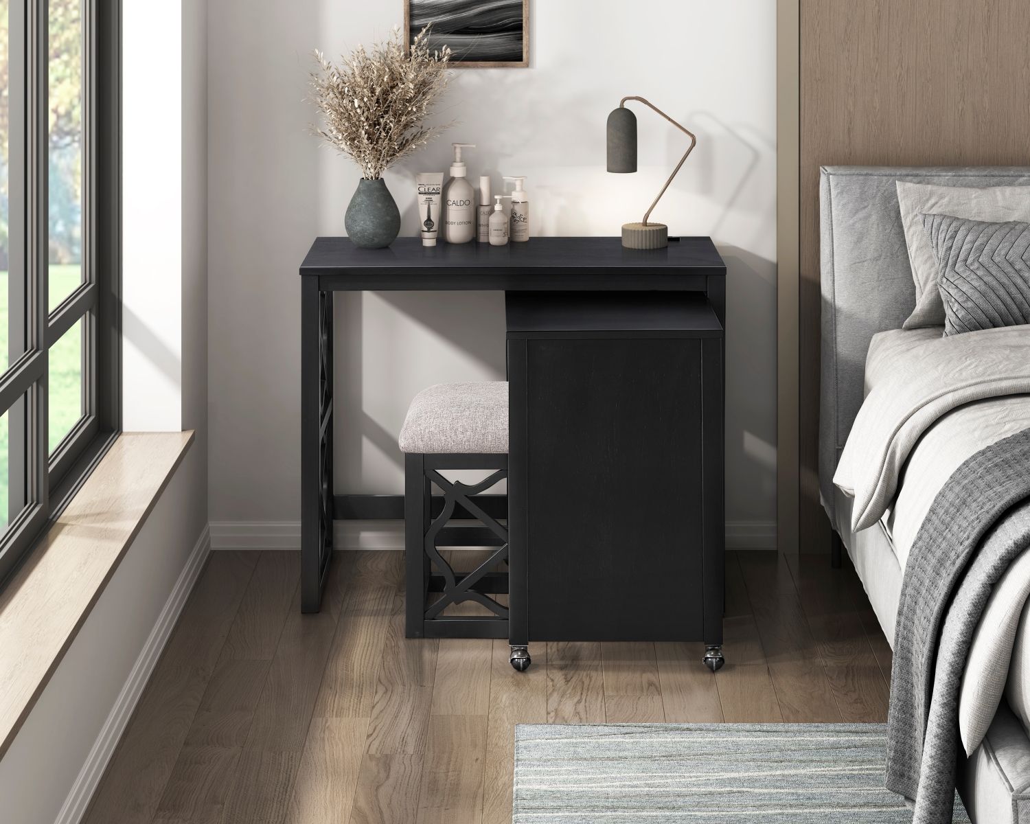 Desks and Stool Set 3pc Black Finish Rolling Desk with Casters, 2 Charging ports Home Office Furniture