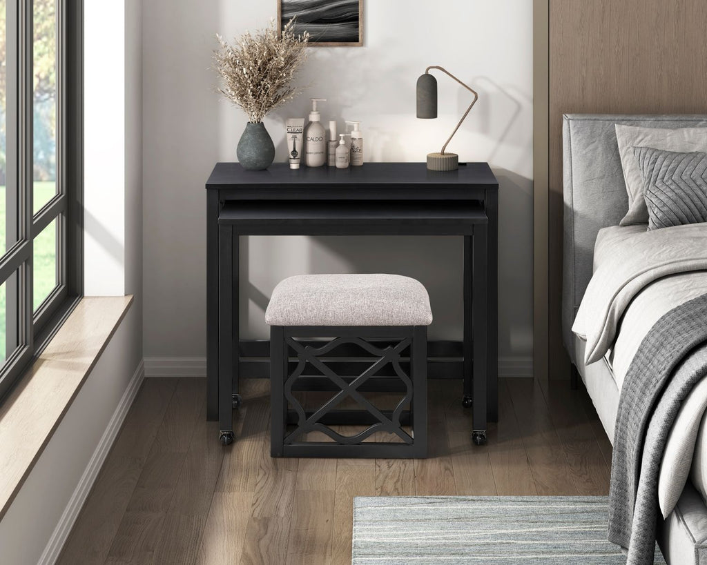 Desks and Stool Set 3pc Black Finish Rolling Desk with Casters, 2 Charging ports Home Office Furniture