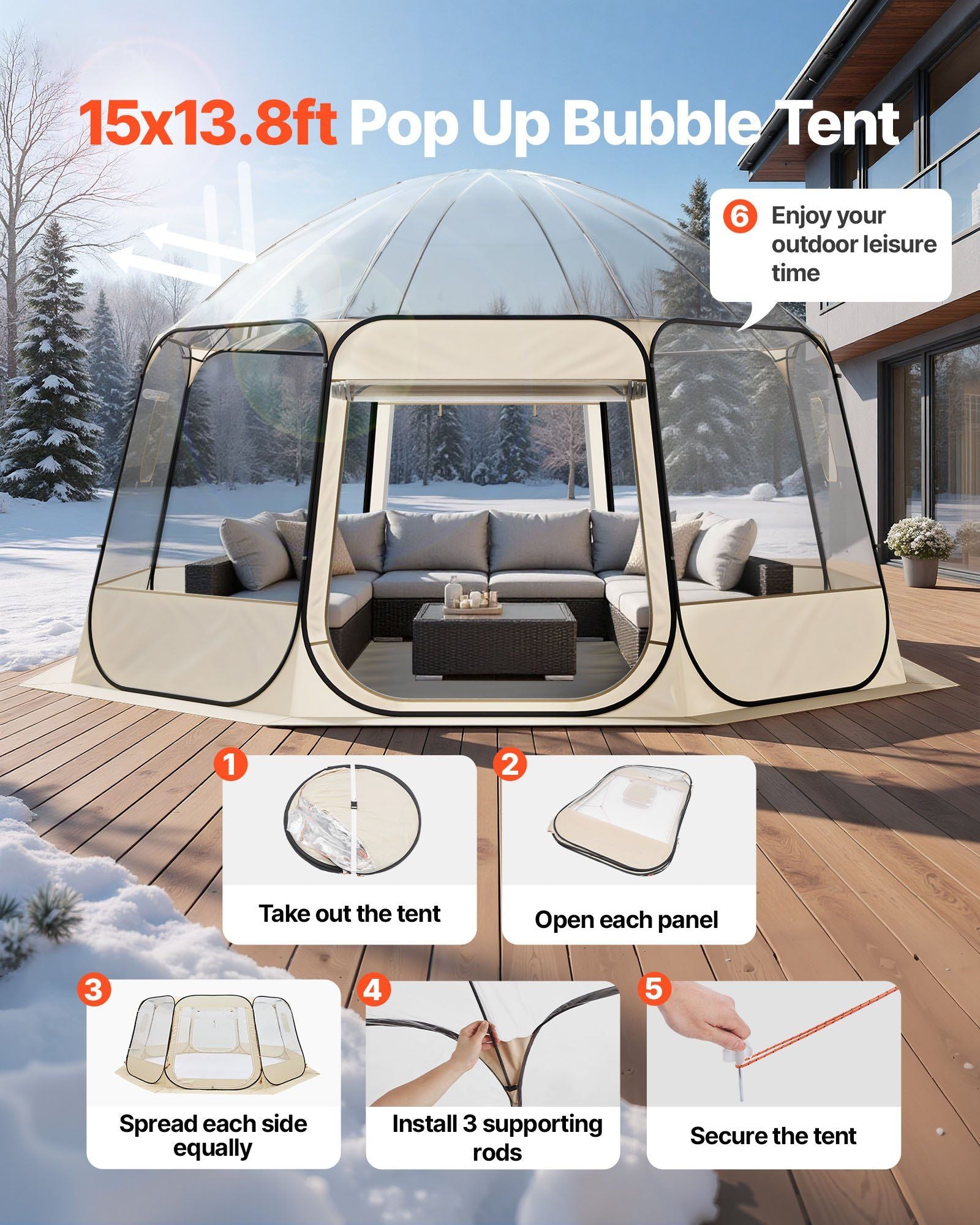 VEVOR Pop up Bubble Tent, 15 x 13.8 ft Waterproof & UV-Resistant, Clear Camping Tent Shelter, Outdoor Garden Dome Igloo Tents with Windows, 540° Panoramic View, for 12-15 Persons Patio Backyard