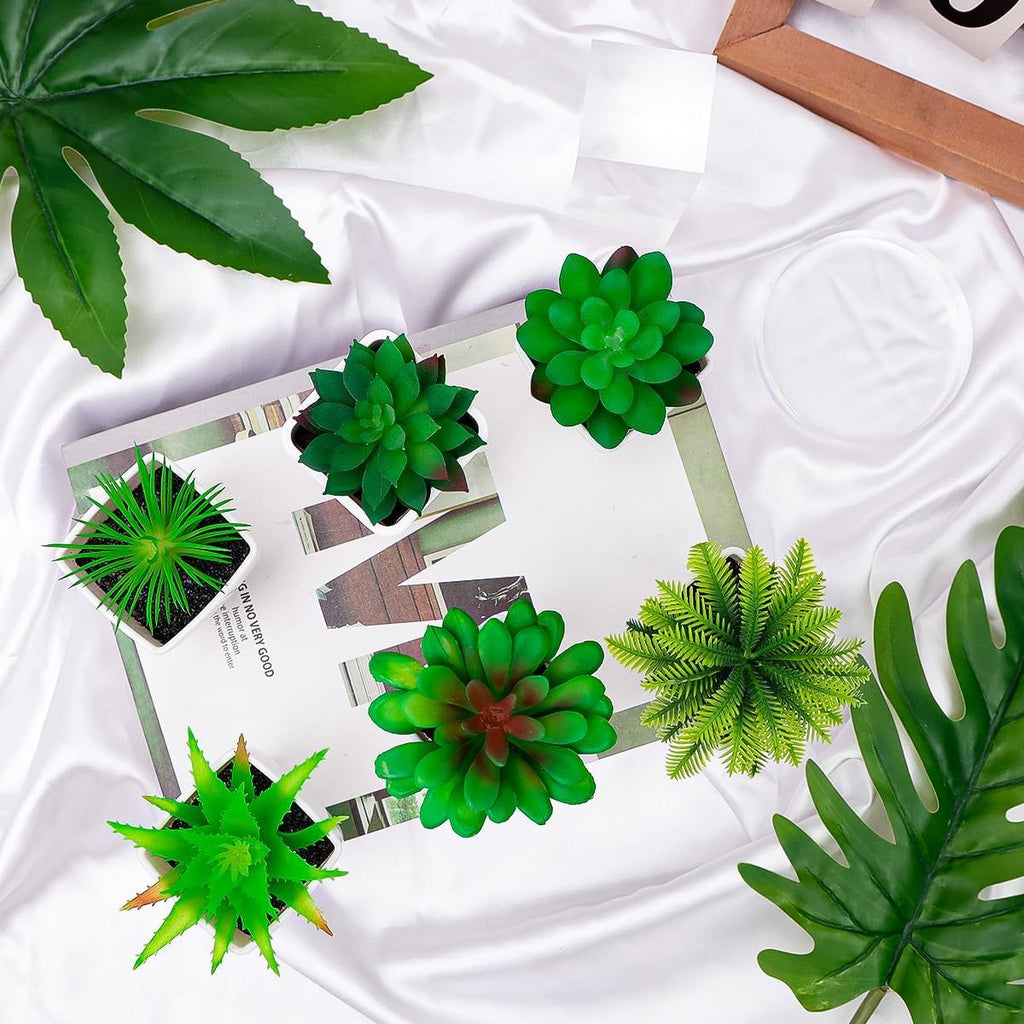 6pcs Succulents Plants Artificial Indoor Decor Fake Succulent in Pots Small Faux Plastic Plant Greenery Modern Ornament for Office Desk Home Bedroom Windowsill Decoration