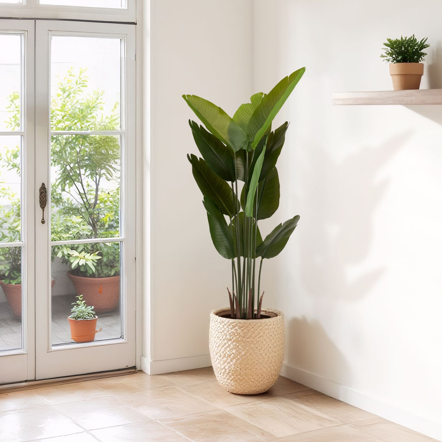 Artificial Bird of Paradise Plant, 5.2ft Tall Faux Tropical Palm Tree in Pot for Indoor or Outdoor Home, Office, or Garden Decoration, 2pcs/set