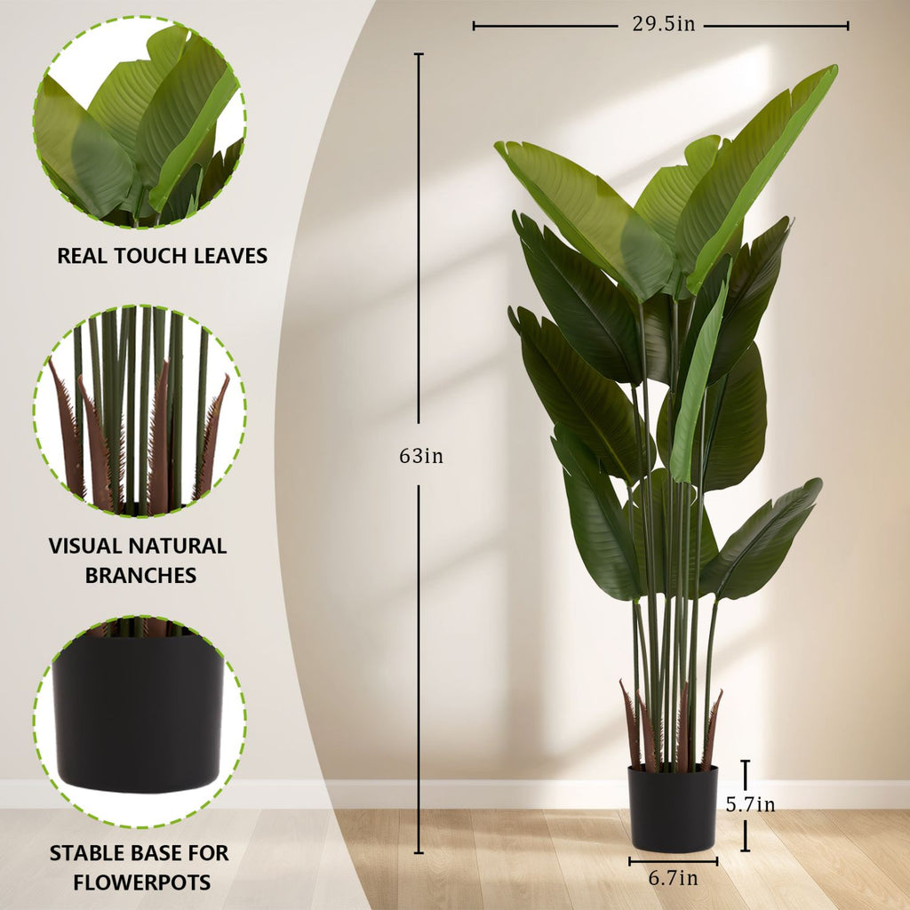 Artificial Bird of Paradise Plant, 5.2ft Tall Faux Tropical Palm Tree in Pot for Indoor or Outdoor Home, Office, or Garden Decoration, 2pcs/set