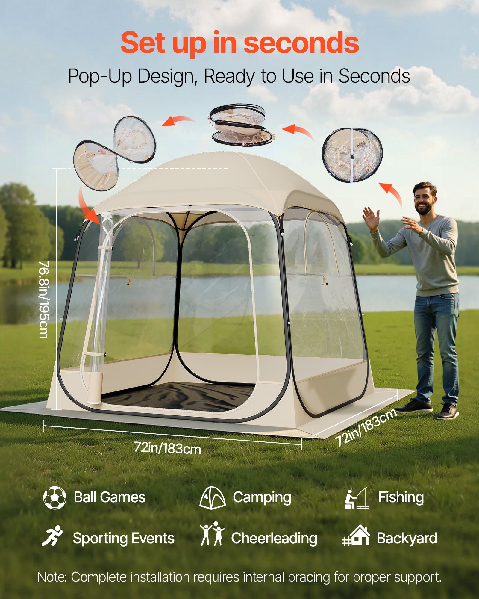 VEVOR Pop up Sports Tent, 72x72 in Clear Bubble Tent for 2-4 Persons, Waterproof Outdoor Pod with Floor Mat & Top Cover, Garden Igloo Dome Tents Camping Shelter for Events Fishing Cheering