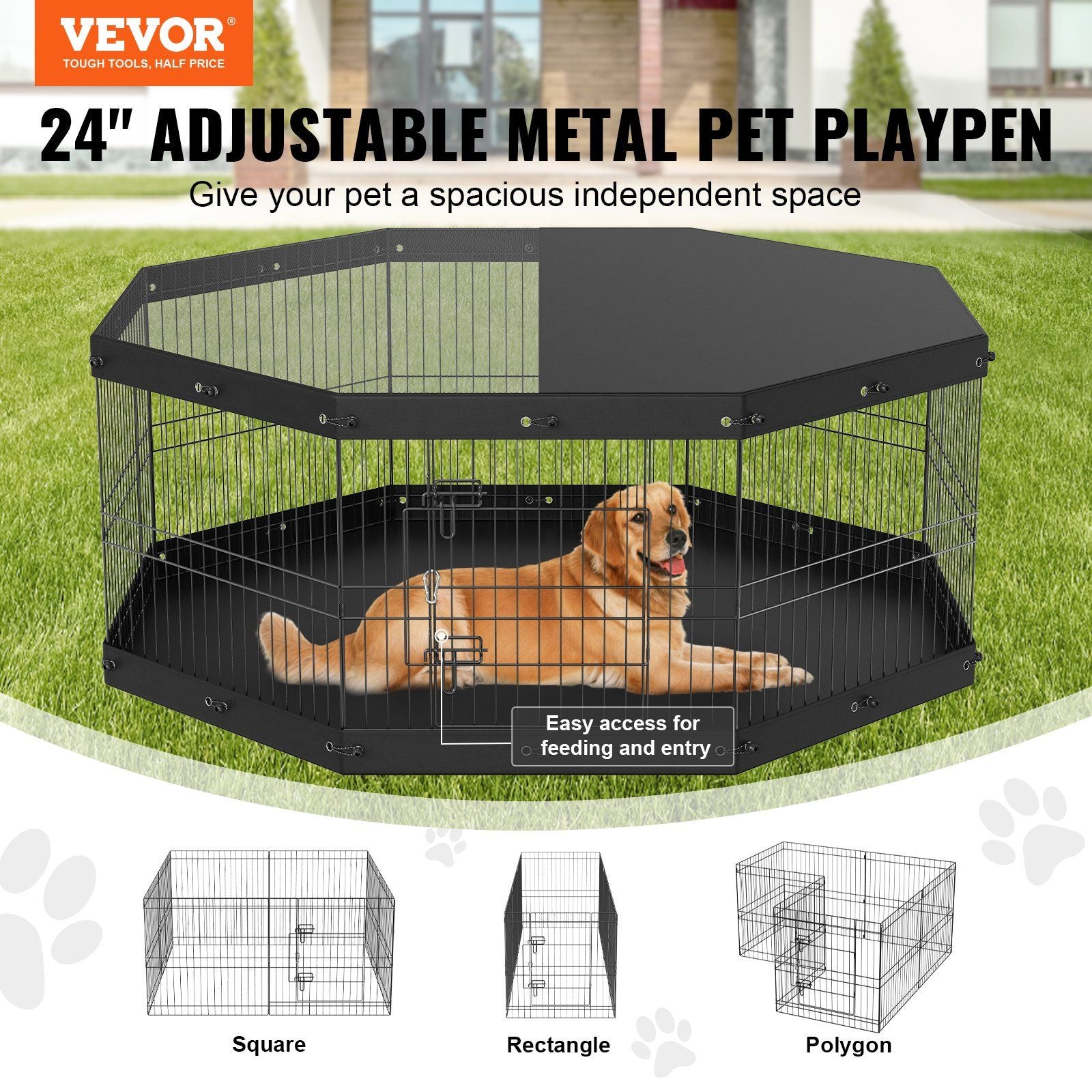 VEVOR Dog Playpen, 8 Panels Foldable Metal Dog Exercise Pen with Top Cover and Bottom Pad, 24" H Pet Fence Puppy Crate Kennel, Indoor Outdoor Dog Pen for Small Medium Pets, for Camping, Yard