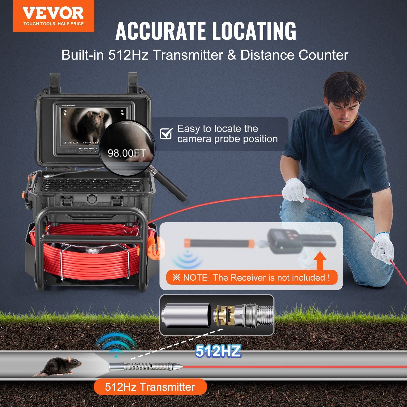 VEVOR Sewer Camera, 98 ft/30m, Self-Leveling Drain Camera with 512Hz Transmitter, Distance Counter, 9" Screen 1080P HD Snake Plumbing Camera with Light-12 LED & 32GB Card for Duct Pipe