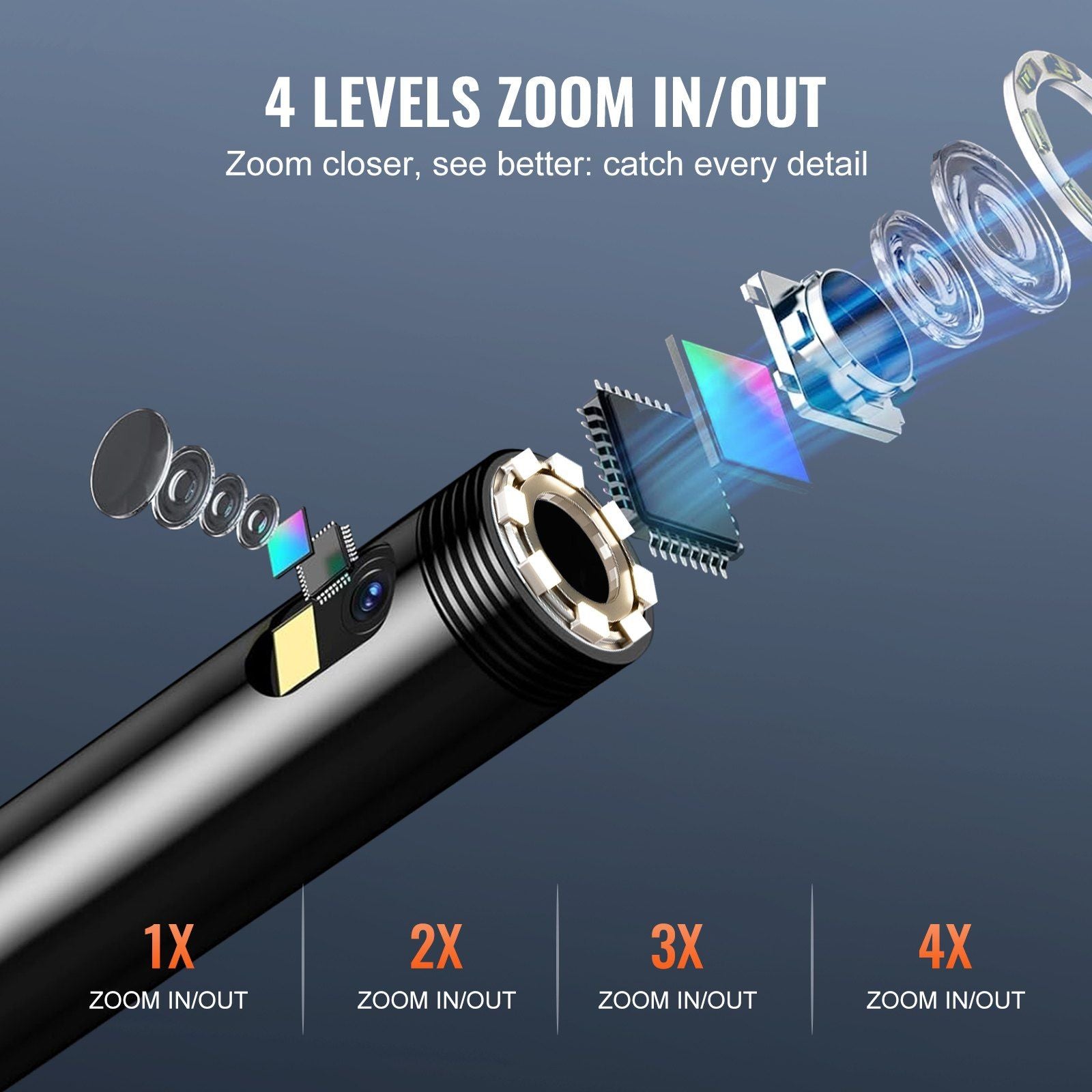 VEVOR Endoscope Camera with Light, Dual Lens Industrial Borescope, 4.3" Screen 1080P Inspection Camera, 8 + 1 Lights, 4X Zoom, IP67 Waterproof Snake Camera for Auto, Plumbing (16.4FT Cable, 32GB Card)