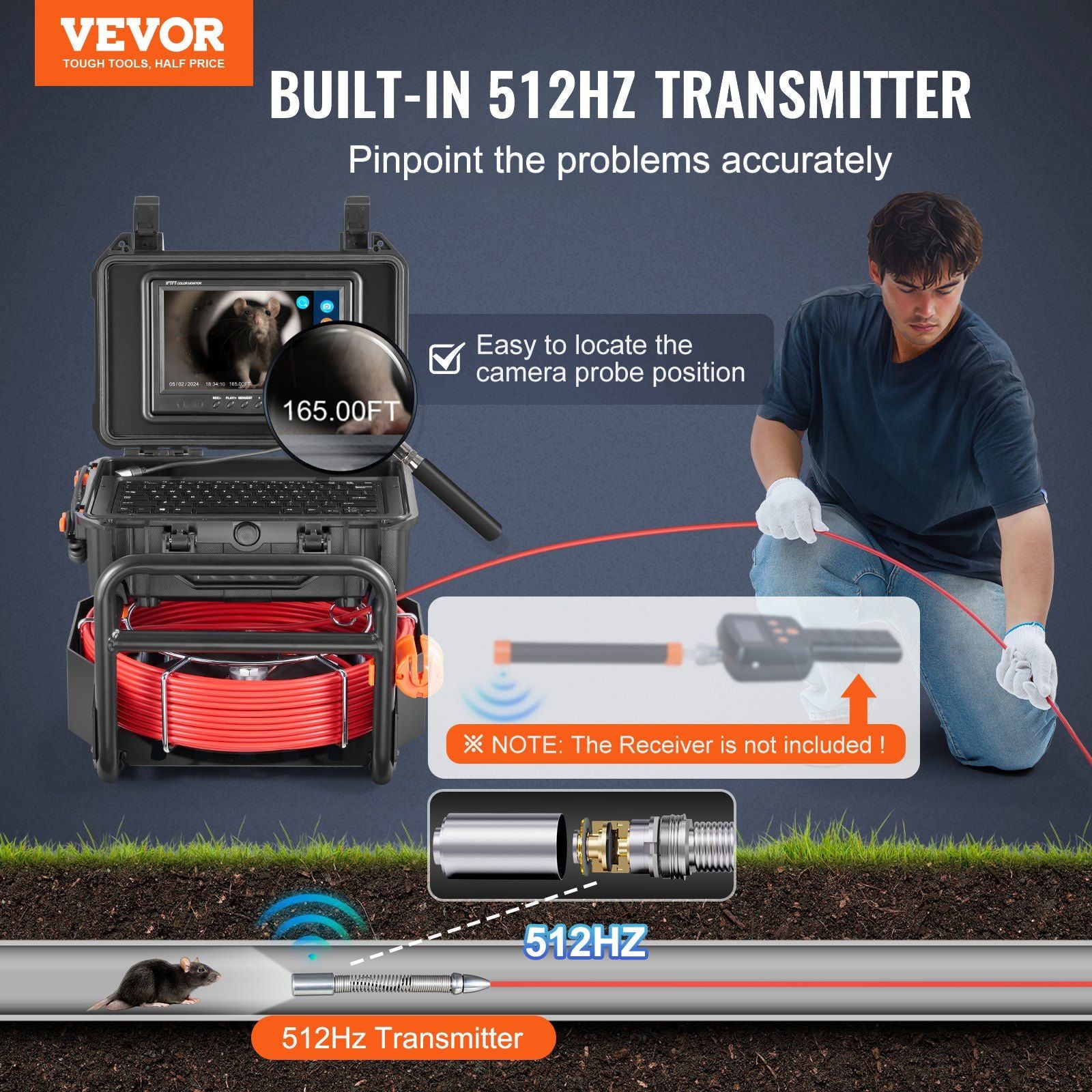 VEVOR Sewer Camera, 165 ft/50m, Self-Leveling Drain Camera with 512Hz Transmitter, Distance Counter, 9" Screen 1080P HD Snake Plumbing Camera with Lights-12 LED & 32GB Card for Duct Pipe