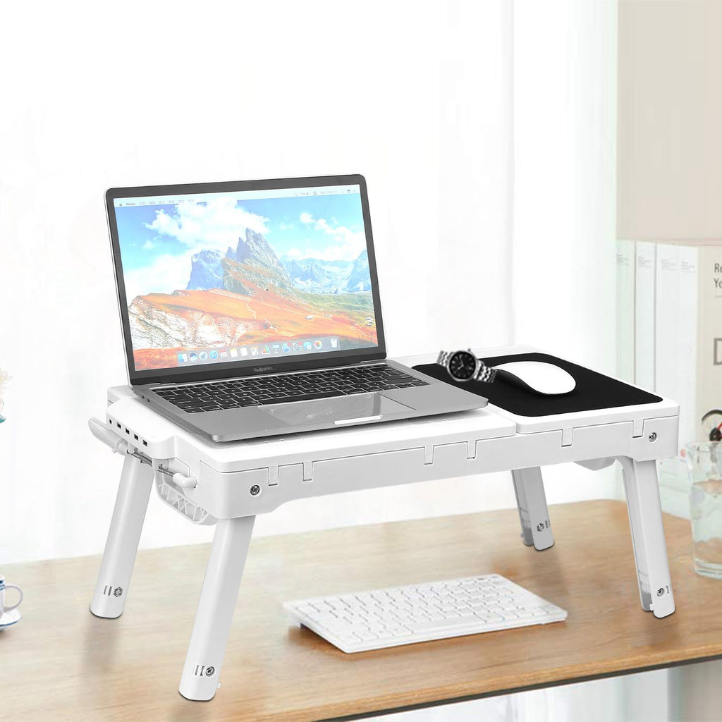 Foldable Laptop Table Bed Notebook Desk w/Cooling Fan Mouse Board LED light 4 x USB Ports Breakfast Snacking Tray with Storage Groove For Home Office Use