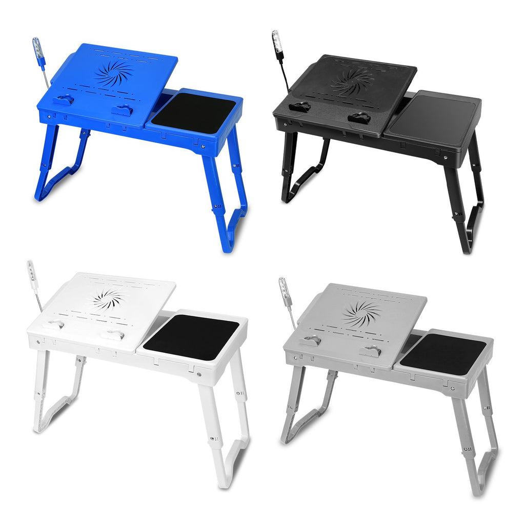 Foldable Laptop Table Bed Notebook Desk w/Cooling Fan Mouse Board LED light 4 x USB Ports Breakfast Snacking Tray with Storage Groove For Home Office Use