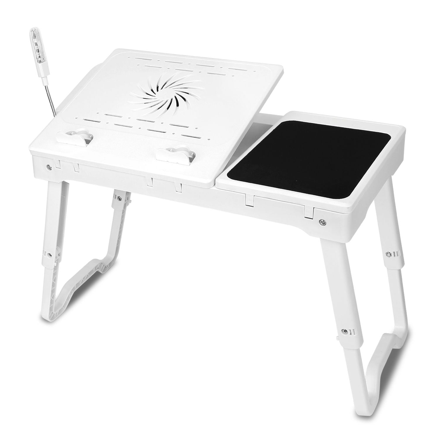 Foldable Laptop Table Bed Notebook Desk w/Cooling Fan Mouse Board LED light 4 x USB Ports Breakfast Snacking Tray with Storage Groove For Home Office Use
