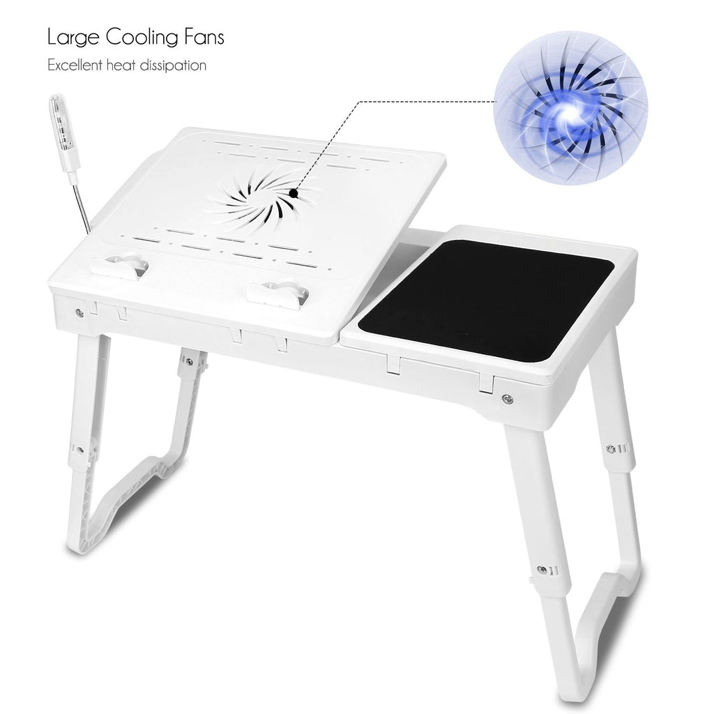 Foldable Laptop Table Bed Notebook Desk w/Cooling Fan Mouse Board LED light 4 x USB Ports Breakfast Snacking Tray with Storage Groove For Home Office Use