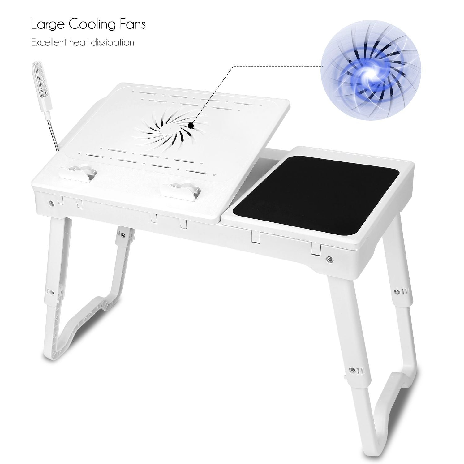 Foldable Laptop Table Bed Notebook Desk w/Cooling Fan Mouse Board LED light 4 x USB Ports Breakfast Snacking Tray with Storage Groove For Home Office Use