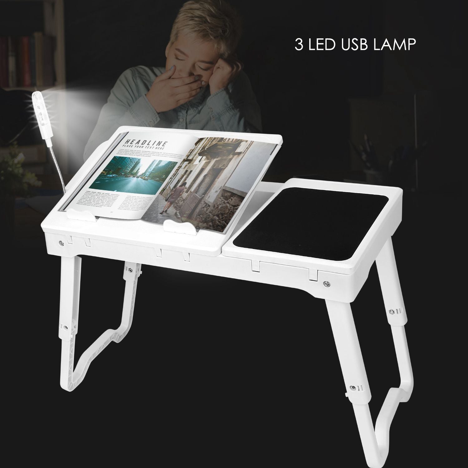 Foldable Laptop Table Bed Notebook Desk w/Cooling Fan Mouse Board LED light 4 x USB Ports Breakfast Snacking Tray with Storage Groove For Home Office Use