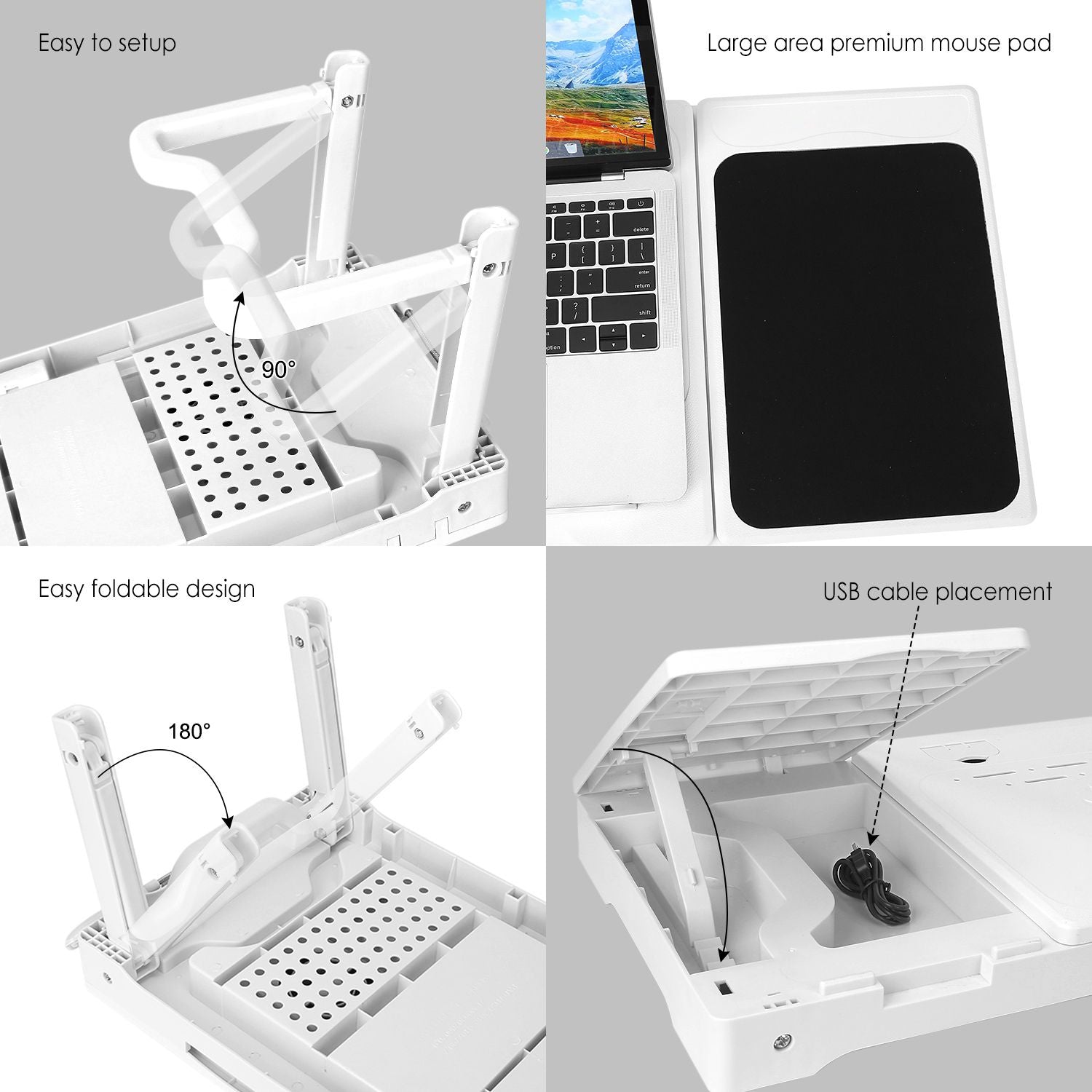 Foldable Laptop Table Bed Notebook Desk w/Cooling Fan Mouse Board LED light 4 x USB Ports Breakfast Snacking Tray with Storage Groove For Home Office Use