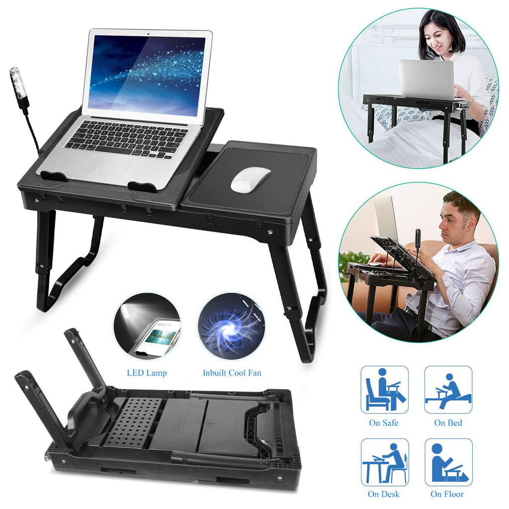 Foldable Laptop Table Bed Notebook Desk w/Cooling Fan Mouse Board LED light 4 x USB Ports Breakfast Snacking Tray with Storage Groove For Home Office Use