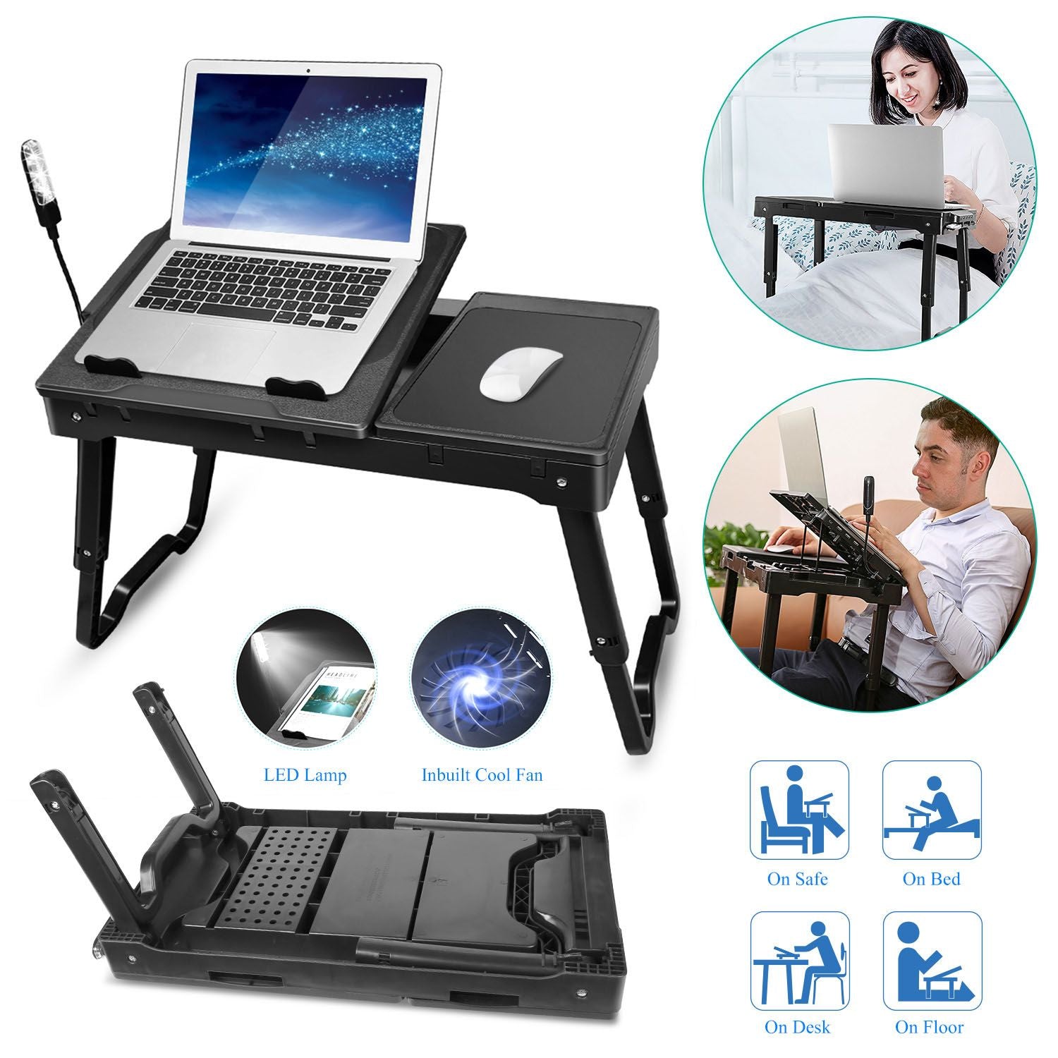 Foldable Laptop Table Bed Notebook Desk w/Cooling Fan Mouse Board LED light 4 x USB Ports Breakfast Snacking Tray with Storage Groove For Home Office Use