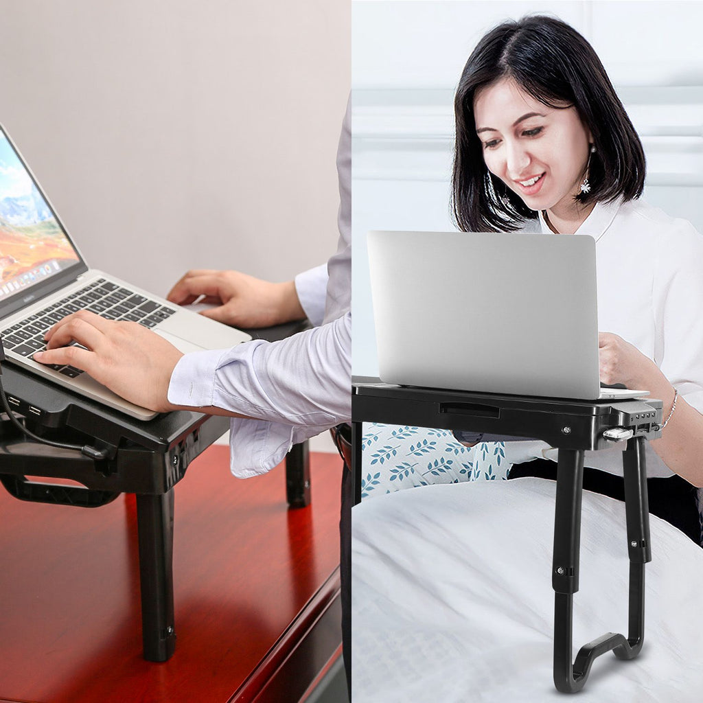 Foldable Laptop Table Bed Notebook Desk w/Cooling Fan Mouse Board LED light 4 x USB Ports Breakfast Snacking Tray with Storage Groove For Home Office Use