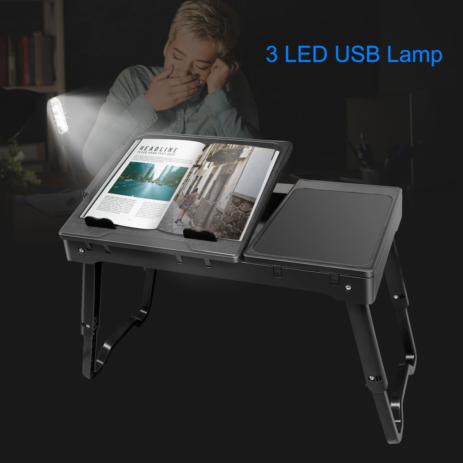 Foldable Laptop Table Bed Notebook Desk w/Cooling Fan Mouse Board LED light 4 x USB Ports Breakfast Snacking Tray with Storage Groove For Home Office Use