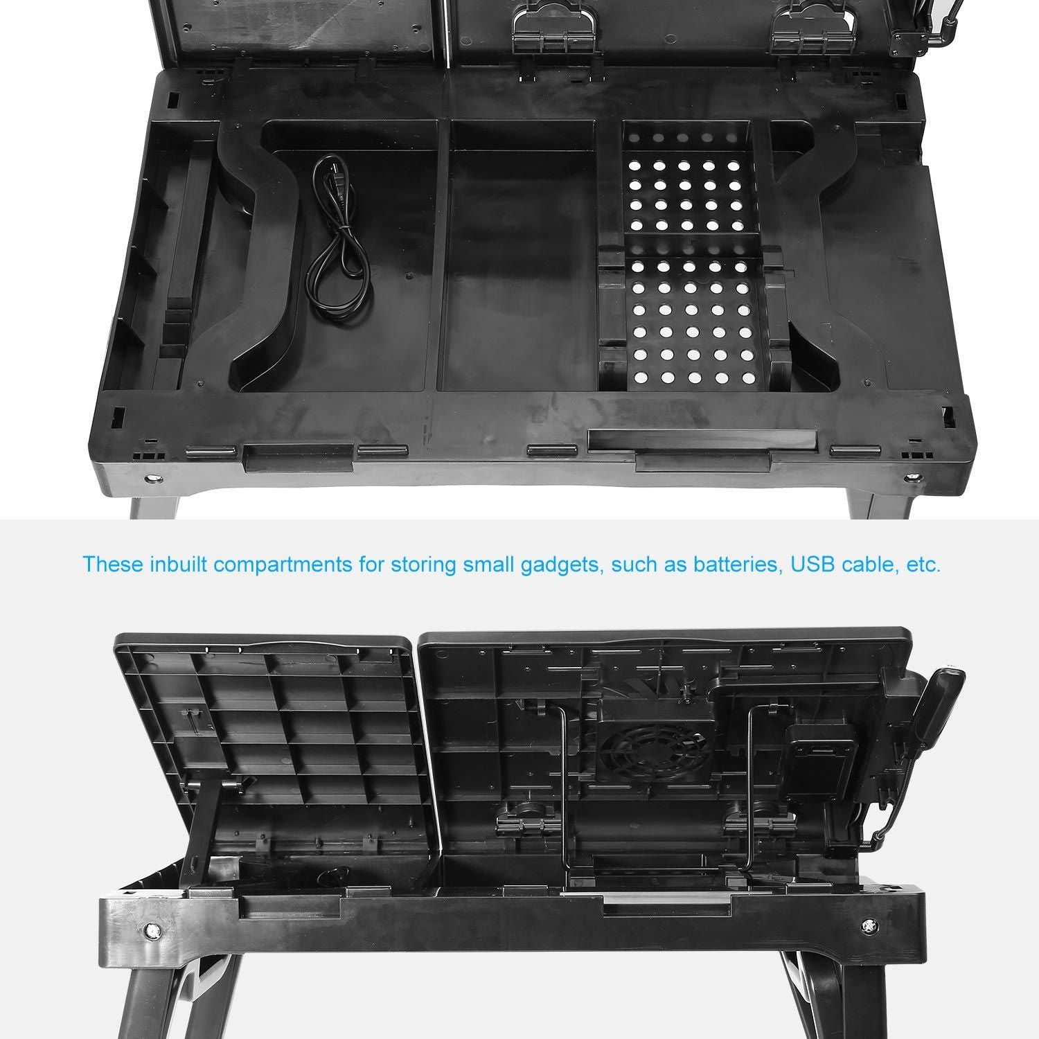 Foldable Laptop Table Bed Notebook Desk w/Cooling Fan Mouse Board LED light 4 x USB Ports Breakfast Snacking Tray with Storage Groove For Home Office Use